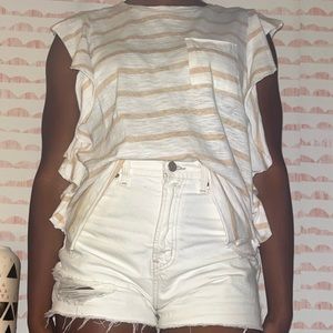 Tan and white horizontally striped Evelyn ruffle top